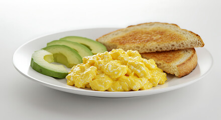 Breakfast Platter Delight: A visually appealing breakfast plate artfully presents a delightful spread of scrambled eggs, avocado slices, and crispy toast, isolated on white background