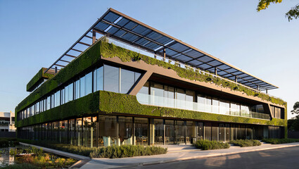 Obraz premium Sustainable Office Building with Green Living Walls and Solar Panel Roof Under Bright Sky