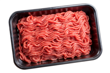 Raw minced meat in a black plastic tray container isolated on transparent background PNG