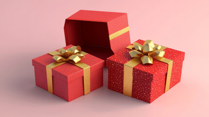 Fototapeta premium “3D illustration of red gift boxes wrapped with gold ribbons, shown both open and closed from multiple angles. Isolated on a light pink background, perfect for birthday parties and festive celebration
