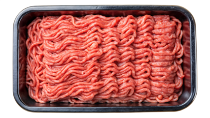 Raw minced meat in a black plastic tray container isolated on transparent background. PNG