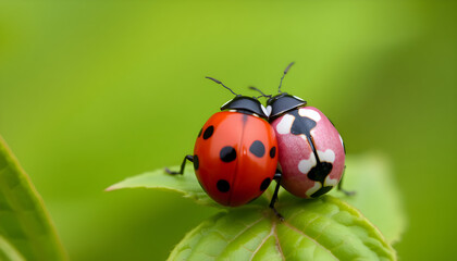 Fototapeta premium Mating ladybugs in nature garden wildlife photography green environment close-up view insect behavior