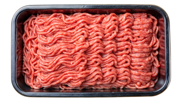 Raw minced meat in a black plastic tray container isolated on transparent background. PNG