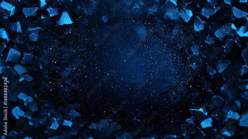 Poster abstract dark blue background with sparkling particles and textured stone or rock elements in dramat
