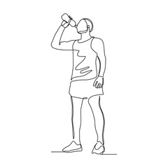 Continuous line drawing of sporty man drink energy water from bottle. One single sketch art concept of healthy life style. Vector illustration editable stroke