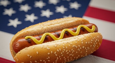 Patriotic feast: Close-up of hot dog with mustard on American flag background