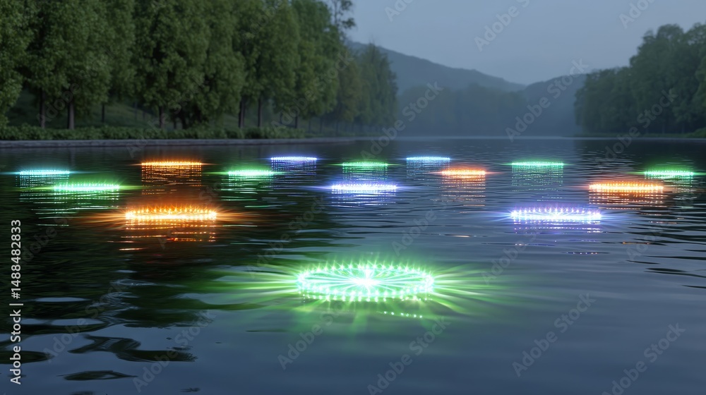 Poster colorful illuminated disks floating on calm water at dusk surrounded by trees and rolling hills
