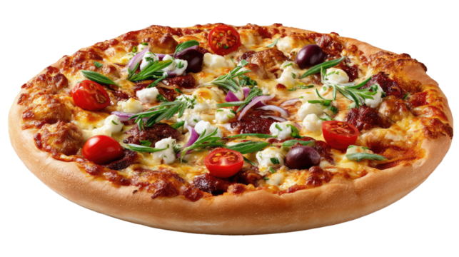 Delicious Greek Pizza: A tempting Greek pizza, loaded with feta cheese, olives, cherry tomatoes, red onion, and fresh herbs. The golden crust and vibrant toppings make it irresistible. 