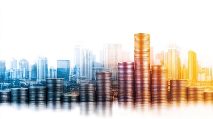 Obraz premium Urban Financial Growth: A Cityscape of Rising Coin Stacks