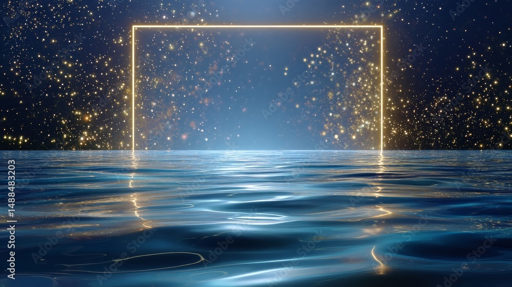 Aufkleber floating golden frame in a starry sky reflected in calm waters creating a dreamlike atmosphere