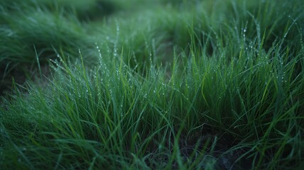 Lush green grass covered in glistening dewdrops, creating a serene and refreshing scene