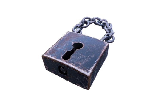 Vintage Padlock with Chain, Security Concept, Close Up, cut out transparent