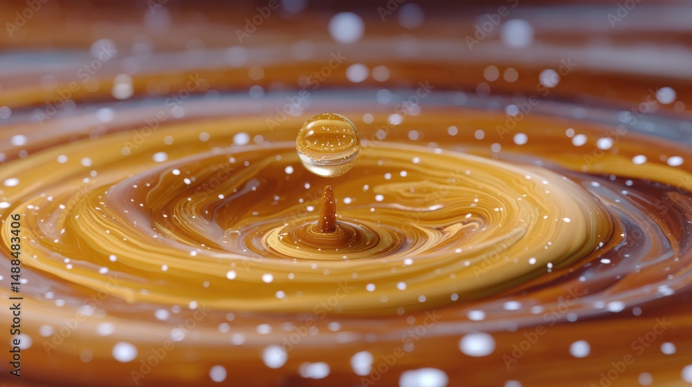Poster flowing droplet in ochre tones creating ripples on a liquid surface with reflective highlights