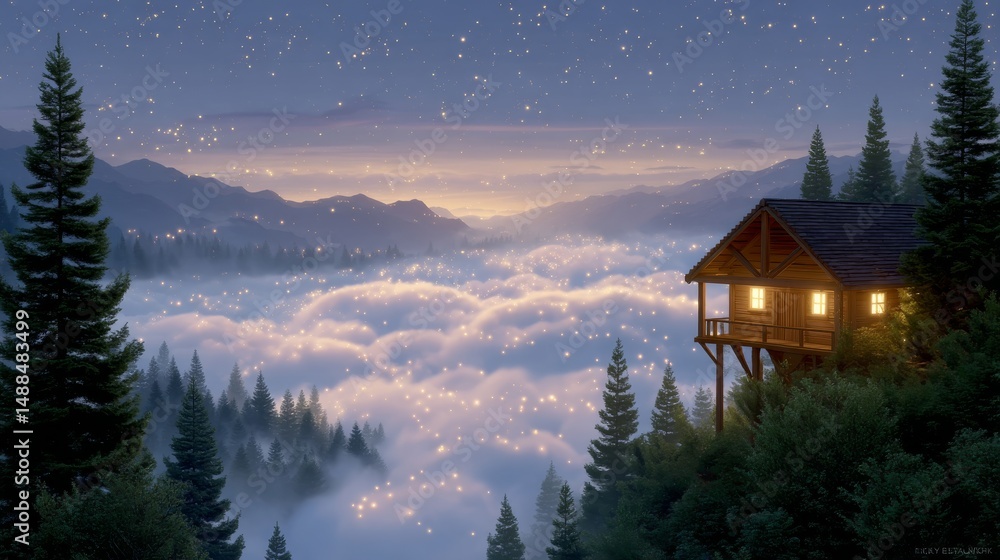 Poster forest cabin floating above clouds at twilight with magical sparkles
