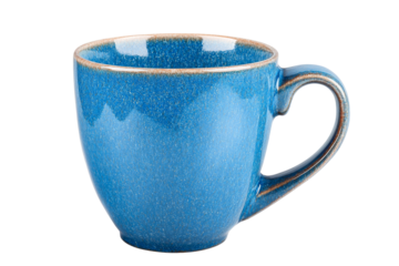 Rustic ceramic mug in speckled blue glaze, cut out transparent