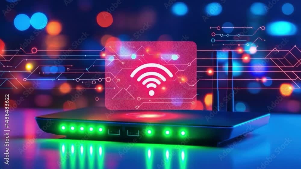 Poster modern wi-fi router with colorful bokeh background and signal icon for connectivity technology conce