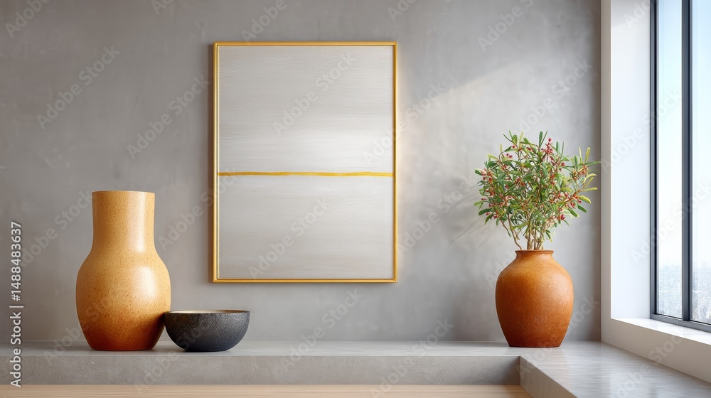 Poster framed linen canvas with elegant thin trim displayed in a modern interior with decorative vases and 