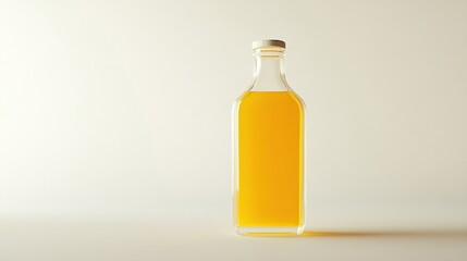 A clear glass bottle with a white lid, filled with a bright yellow liquid, stands against a white backdrop, casting a subtle shadow