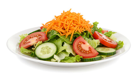 Fresh Garden Salad: A vibrant and appetizing garden salad is artfully arranged on a pristine plate, showcasing the freshness of a medley of organic vegetables. isolated on white background