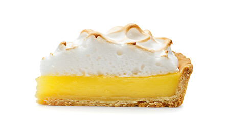 Lemon Meringue Tart: A delectable slice of lemon meringue tart showcases its vibrant yellow filling and fluffy, golden-brown meringue topping, isolated on white background
