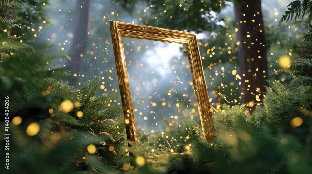 Poster golden frame floating in a mystical forest surrounded by glowing particles and lush greenery