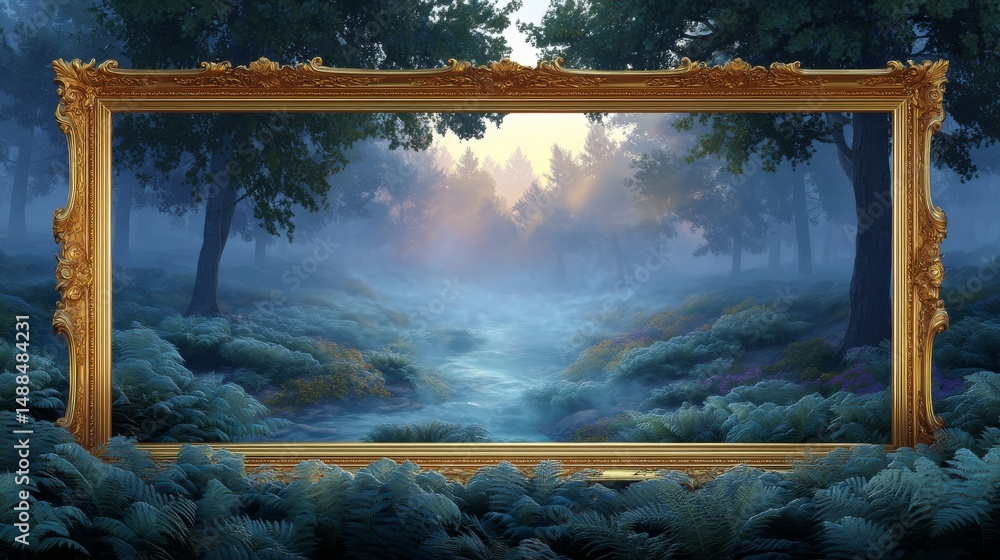 Poster golden trimmed frame floating in a misty forest with ethereal light and lush greenery