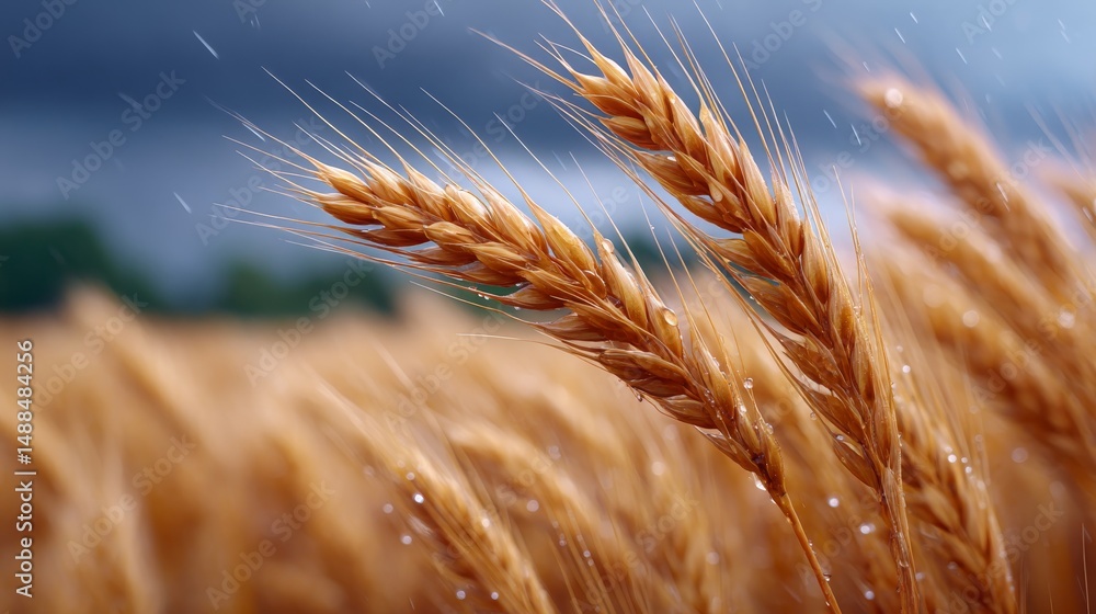 Poster golden wheat field under gentle drizzle with dark clouds in the background