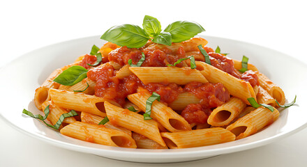 Pasta Delight: A beautifully arranged plate of pasta, generously adorned with vibrant tomato sauce and fresh basil leaves, isolated on white background