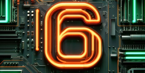 Neon Number 16 on Circuit Board Background