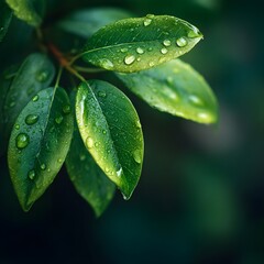 Fresh Green Leaves with Water Drops on a Dark Background