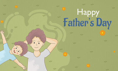A cheerful cartoon design for Father's Day. It depicts a father and child lying on green grass with scattered flowers. 
