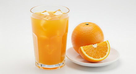Citrus Bliss: A Refreshing Orange Juice Experience. A glass of vibrant orange juice, adorned with ice cubes, next to fresh oranges and a sliced wedge, isolated on white background