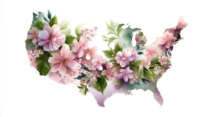 Floral Watercolor United States Map