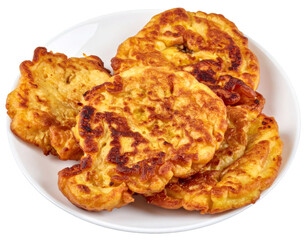 Delicious golden banana fritters on white plate, transparent background