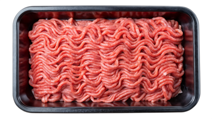 Raw minced meat in a black plastic tray container isolated on transparent background PNG