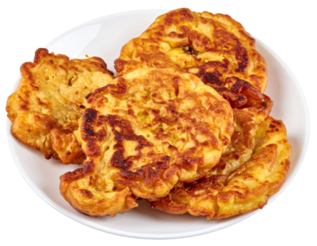 Delicious golden banana fritters on white plate, transparent background