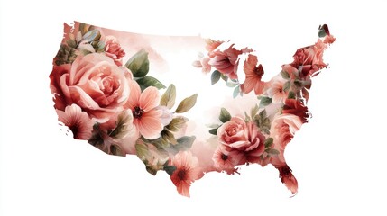 Watercolor Floral Map of the United States