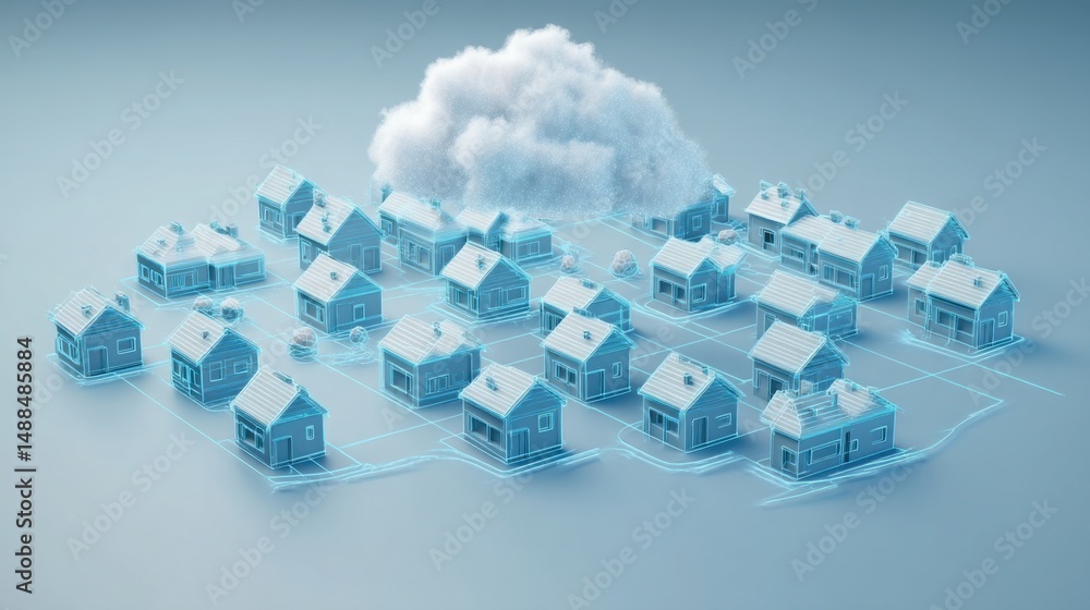 Poster cloud monitored social infrastructure delivery map icon concept highlighting community resource mana