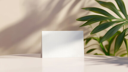 “Folded white blank name card standing on a clean minimalist surface, with subtle shadows of plant leaves. Perfect place card mockup template for weddings, events, and special occasions.”

