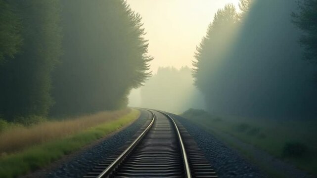 Misty railway tracks winding through a tranquil forest in early morning