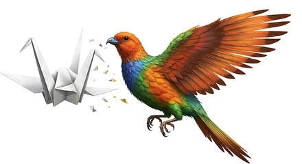 Vibrant, multi-colored bird, resembling a tropical species with orange, green, and blue plumage, appears to be magically constructing or bringing to life a white origami paper crane. 