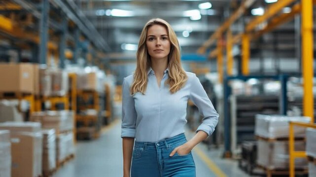 Factory Boss: A confident woman strolls through a bustling factory, showcasing her command and oversight over production lines.