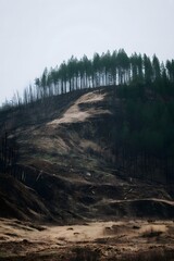 Obraz premium Deforested Hill Landscape with Pine Trees Under Cloudy Sky