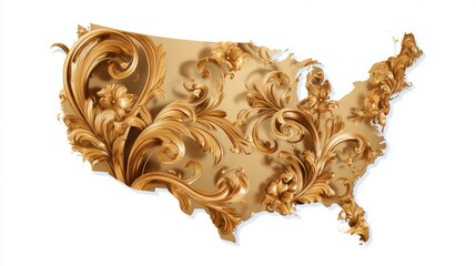 Ornate Gold Floral Design on United States Map