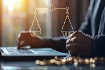 Male hands typing with a justice scale overlay.