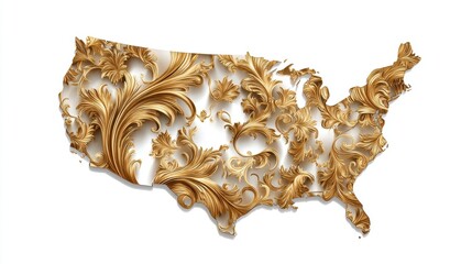 Ornate Gold Floral Pattern United States Map