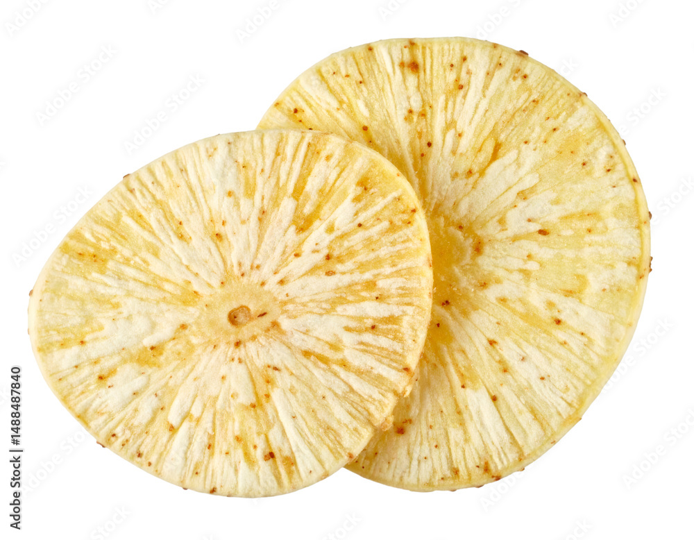 Poster two cassava chips slices close up isolated on transparent background