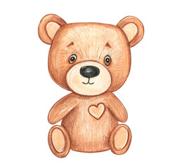 Cute teddy bear illustration with a heart on its chest in soft watercolor style
