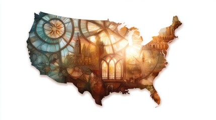 Artistic United States Map with Gothic Architecture and Clocks