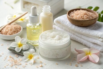 Spa-themed composition with skincare products, frangipani flowers, and bath salts for relaxation.